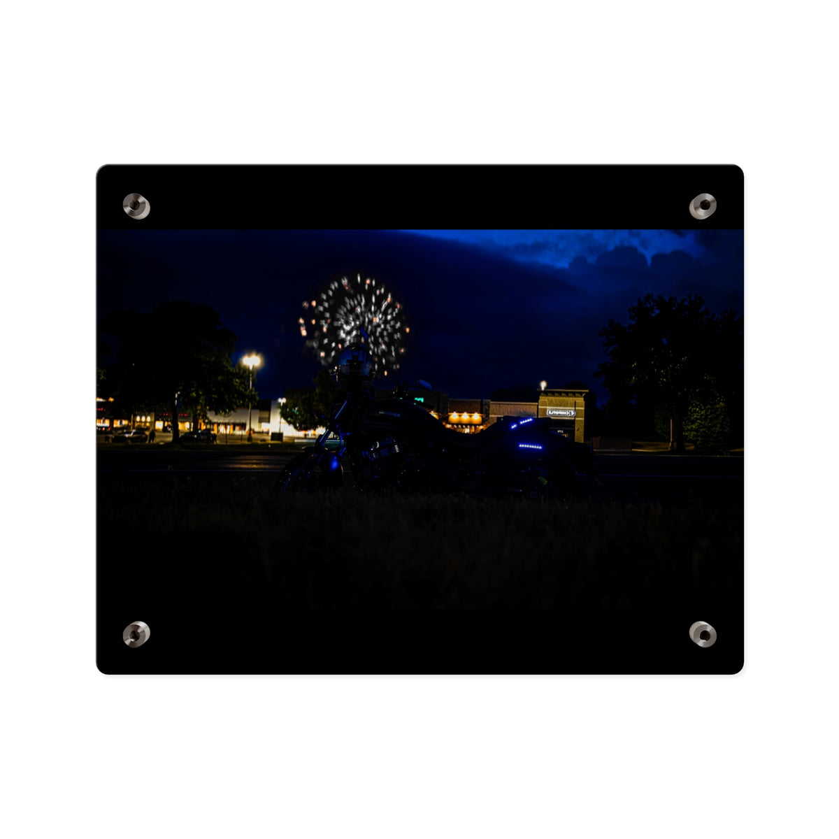 Acrylic Wall Art - Nighttime Bike with Fireworks Photograph