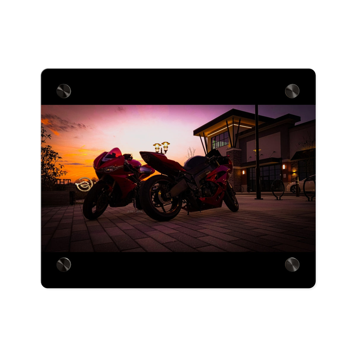 Motorcycle Sunset Acrylic Wall Art Panel — Twin Sportbikes at Dusk