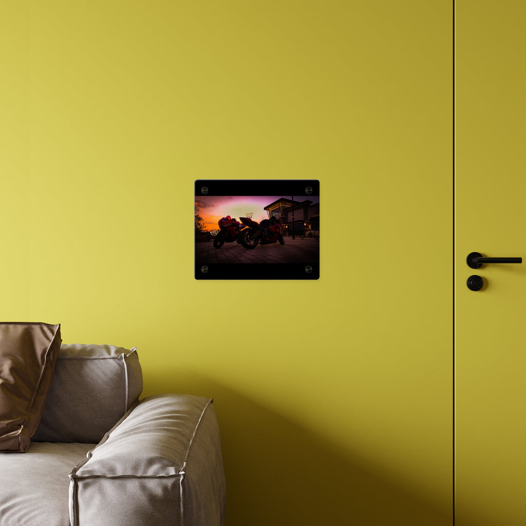 Motorcycle Sunset Acrylic Wall Art Panel — Twin Sportbikes at Dusk