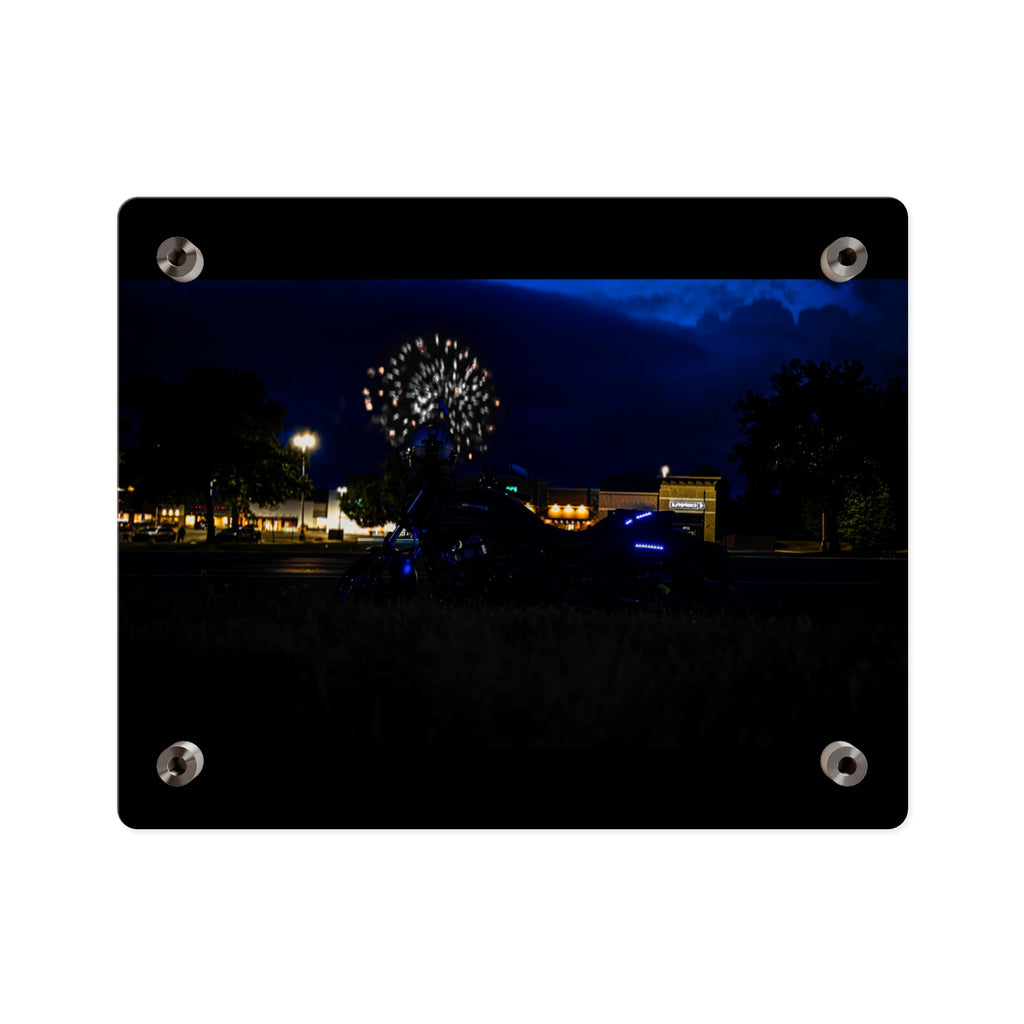 Acrylic Wall Art - Nighttime Bike with Fireworks Photograph