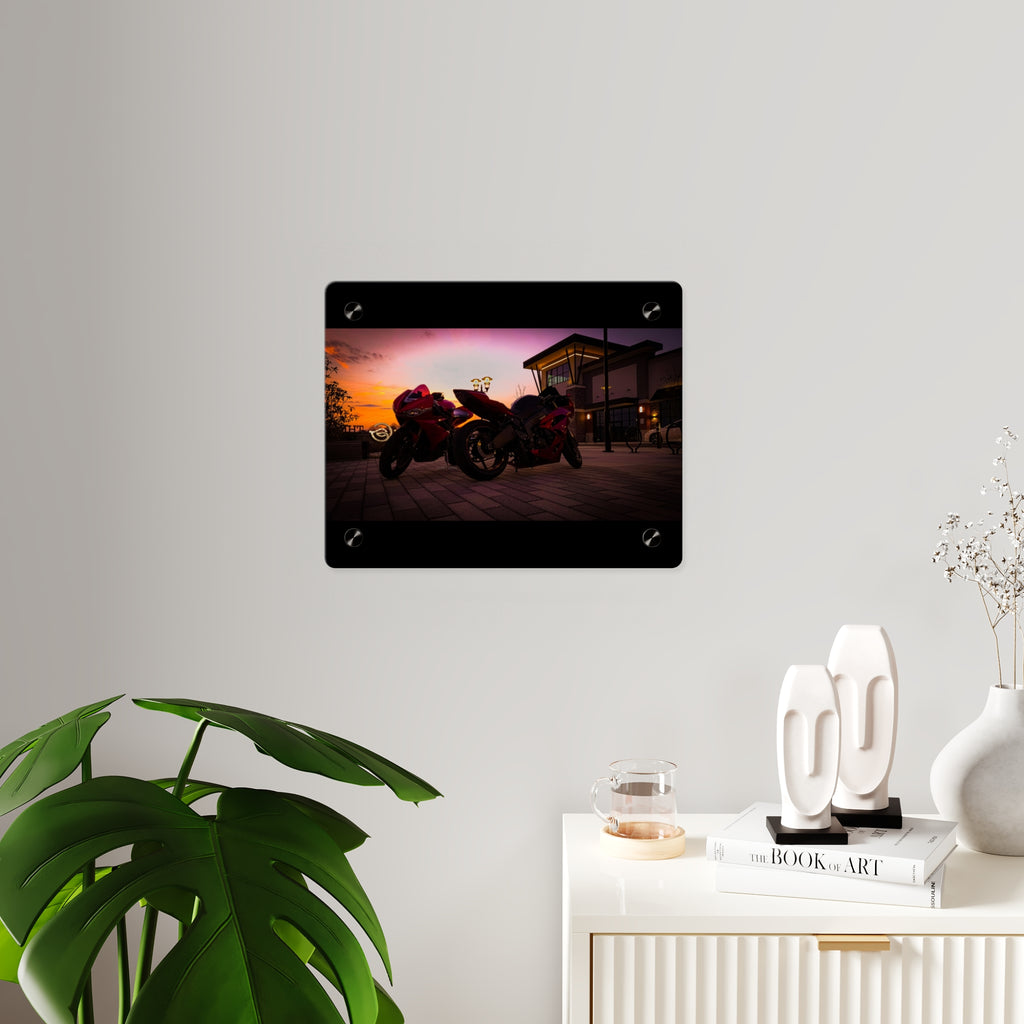 Motorcycle Sunset Acrylic Wall Art Panel — Twin Sportbikes at Dusk