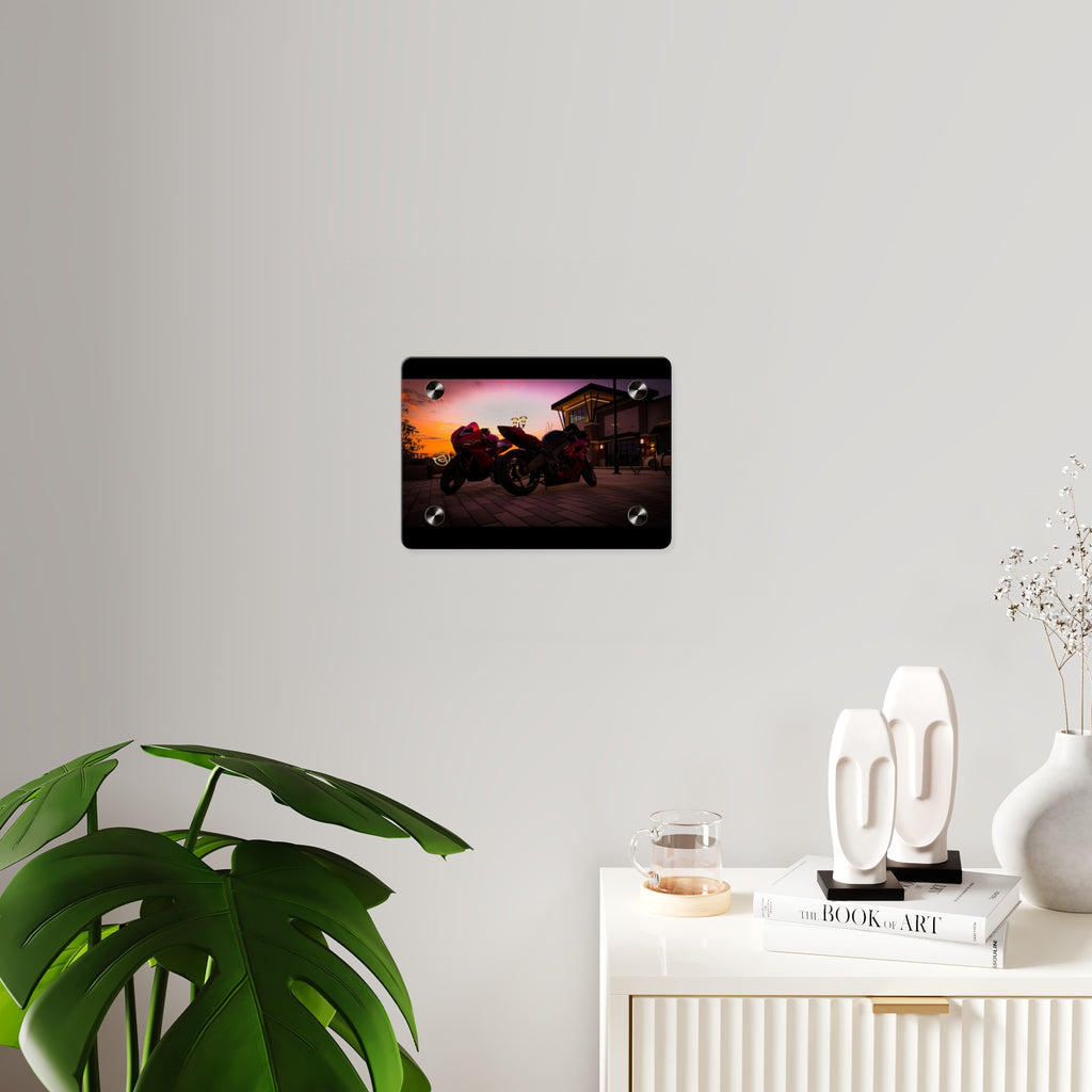 Motorcycle Sunset Acrylic Wall Art Panel — Twin Sportbikes at Dusk