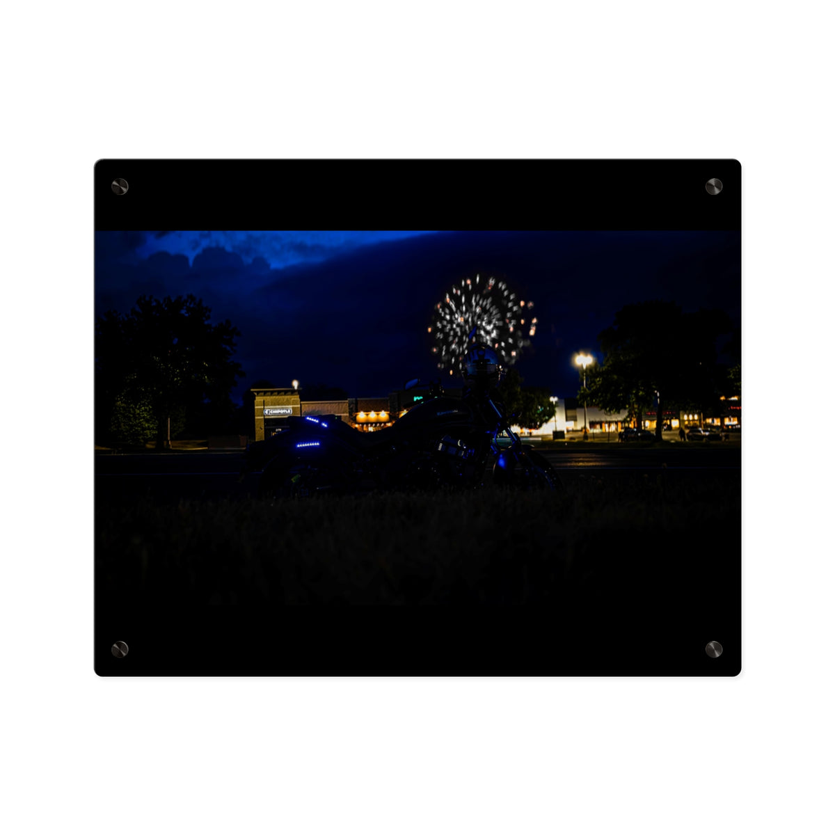 Acrylic Wall Art - Nighttime Bike with Fireworks Photograph