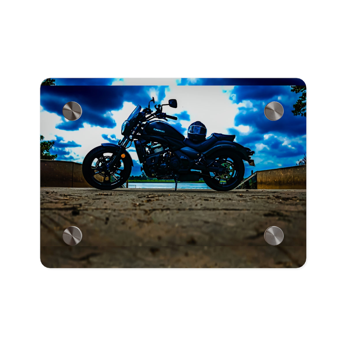 Motorcycle Acrylic Wall Art Panel – Black Cruiser Silhouette with Dramatic Sky