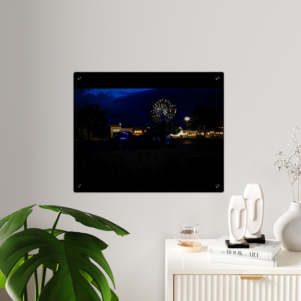 Acrylic Wall Art - Nighttime Bike with Fireworks Photograph