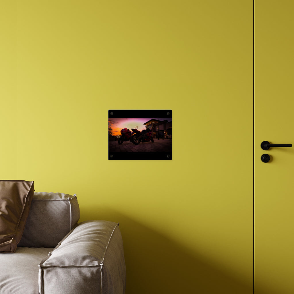 Motorcycle Sunset Acrylic Wall Art Panel — Twin Sportbikes at Dusk