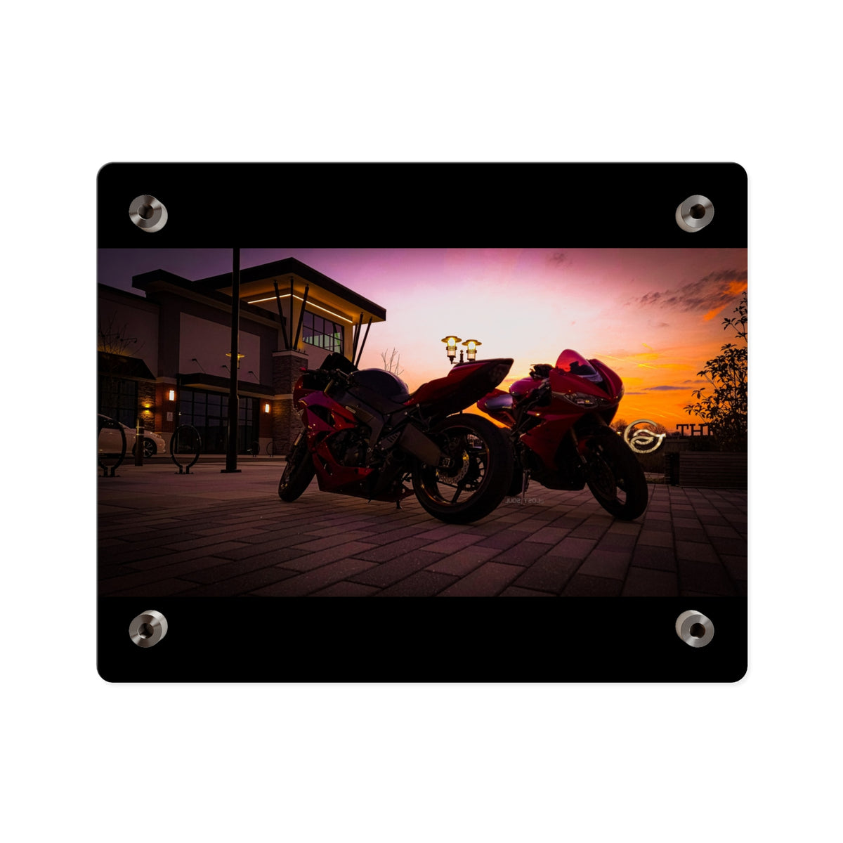 Motorcycle Sunset Acrylic Wall Art Panel — Twin Sportbikes at Dusk