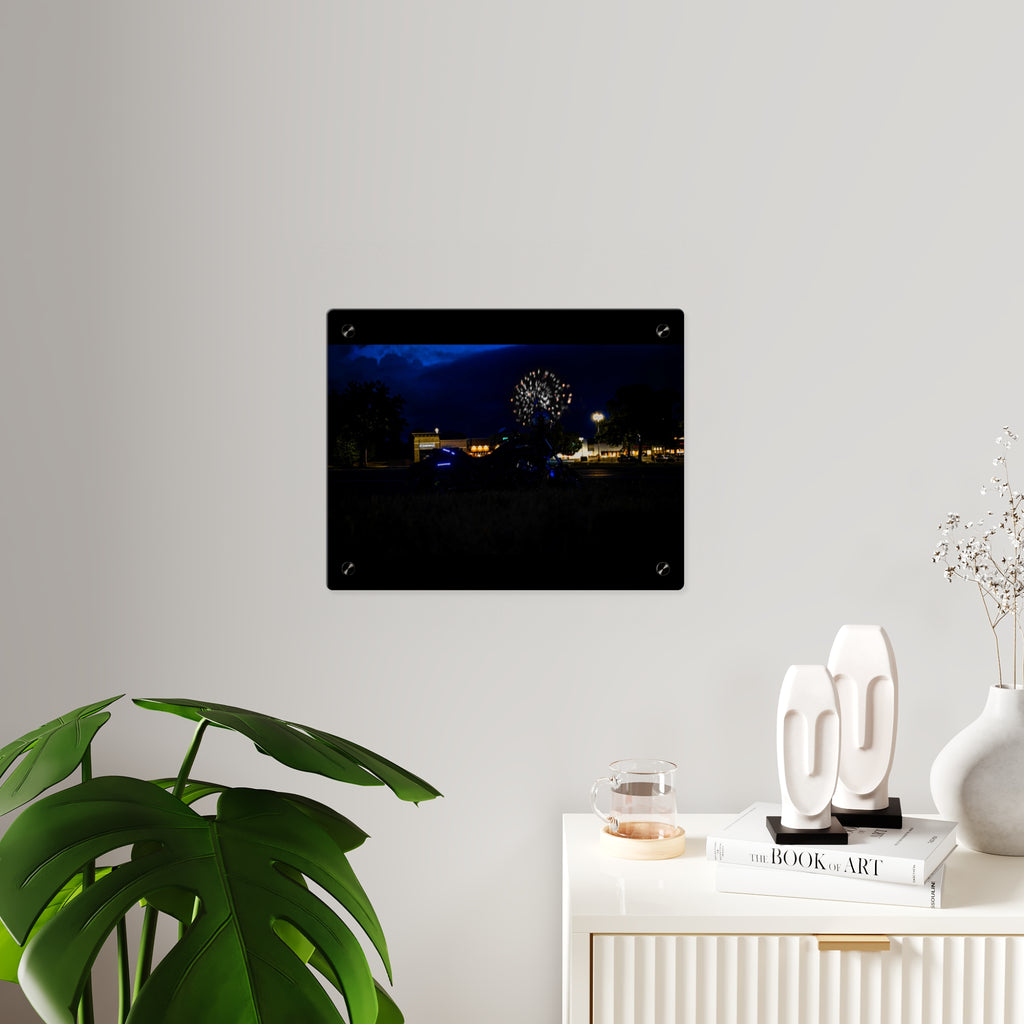 Acrylic Wall Art - Nighttime Bike with Fireworks Photograph