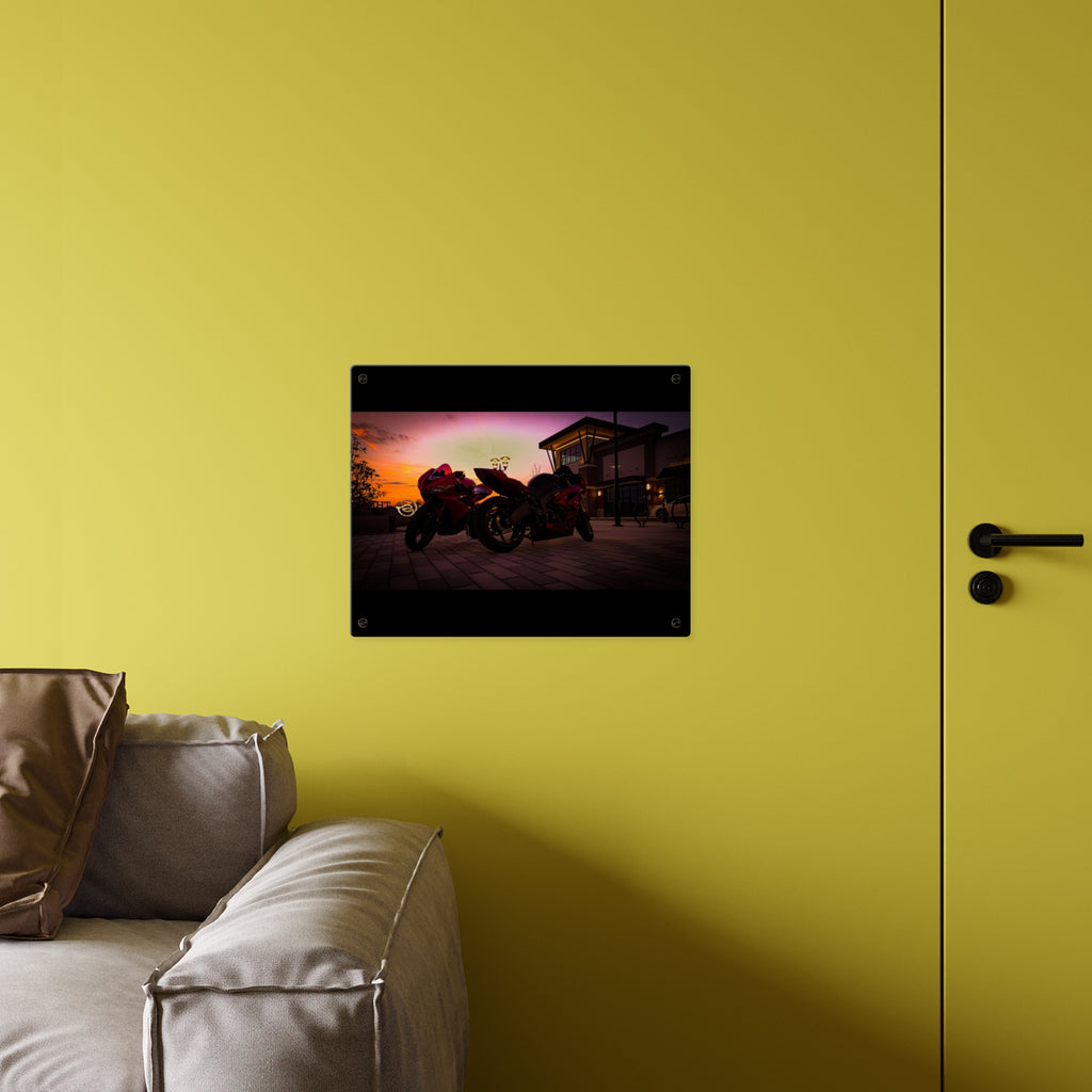 Motorcycle Sunset Acrylic Wall Art Panel — Twin Sportbikes at Dusk