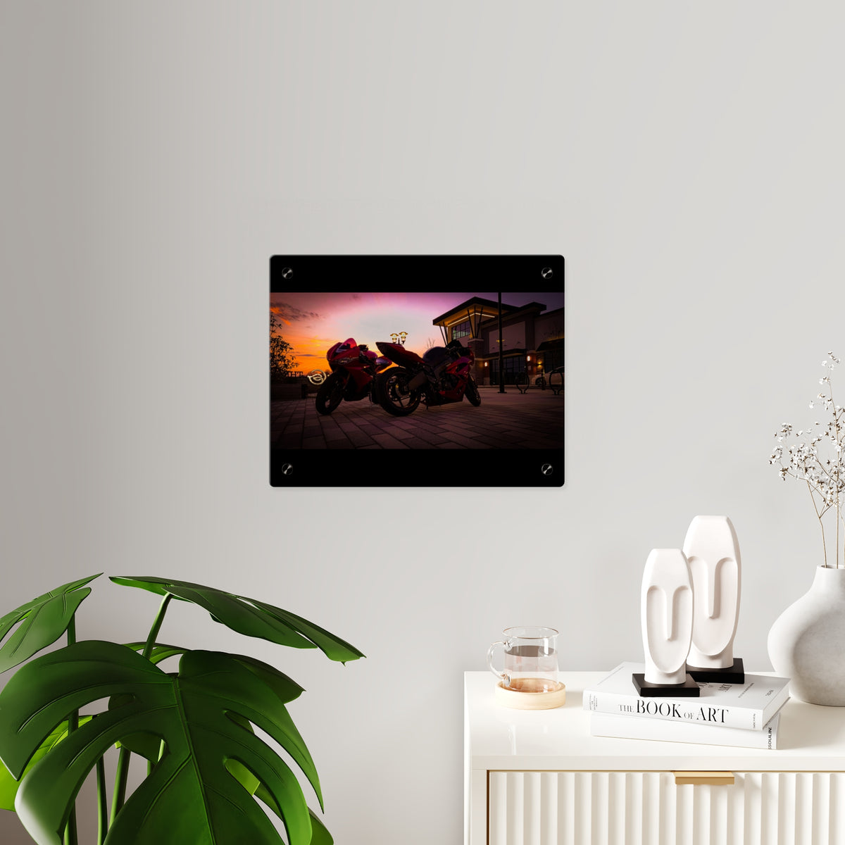 Motorcycle Sunset Acrylic Wall Art Panel — Twin Sportbikes at Dusk