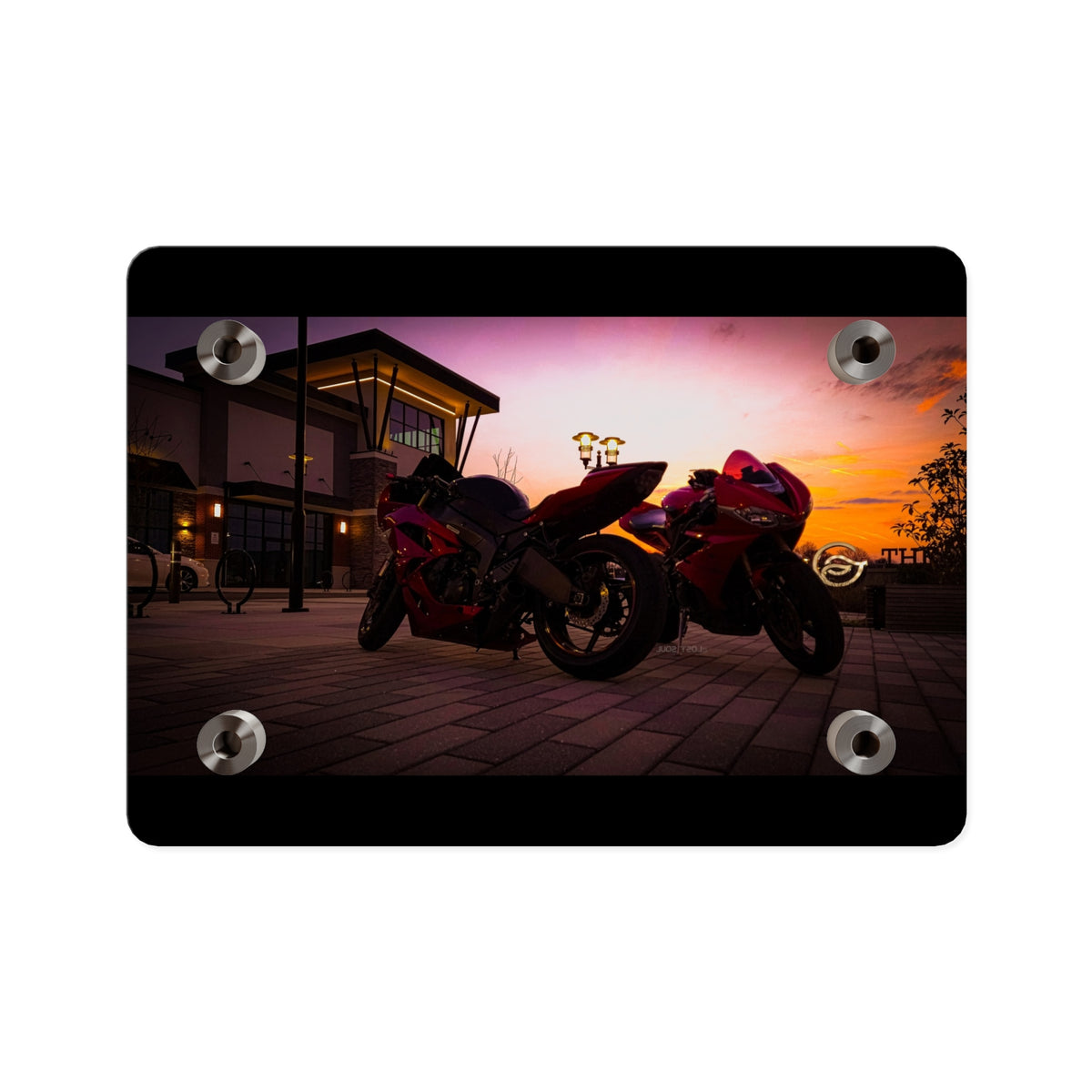 Motorcycle Sunset Acrylic Wall Art Panel — Twin Sportbikes at Dusk