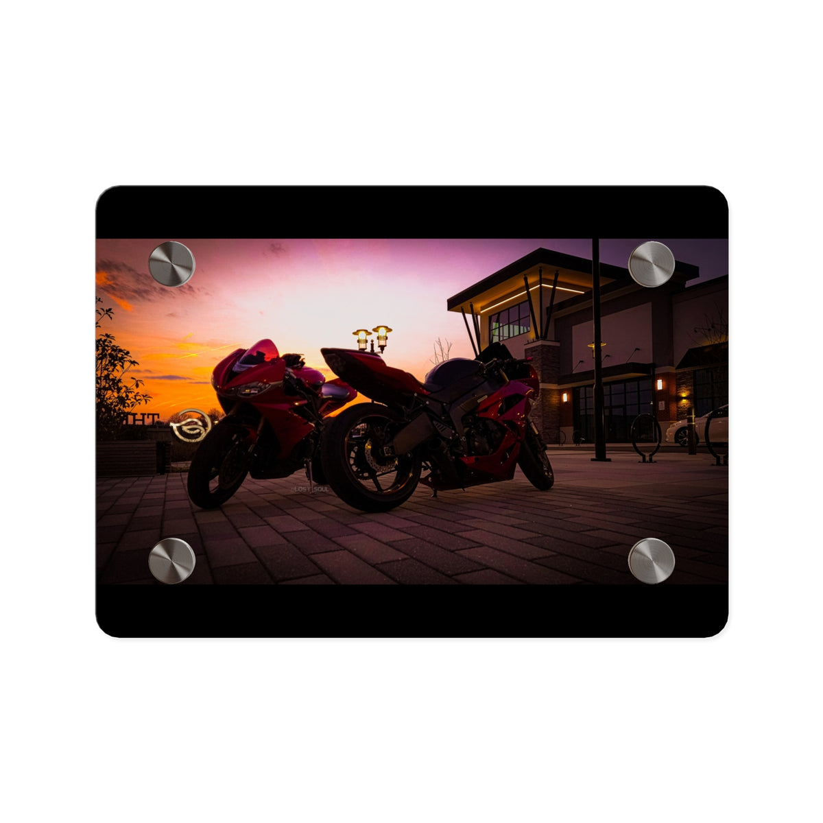 Motorcycle Sunset Acrylic Wall Art Panel — Twin Sportbikes at Dusk
