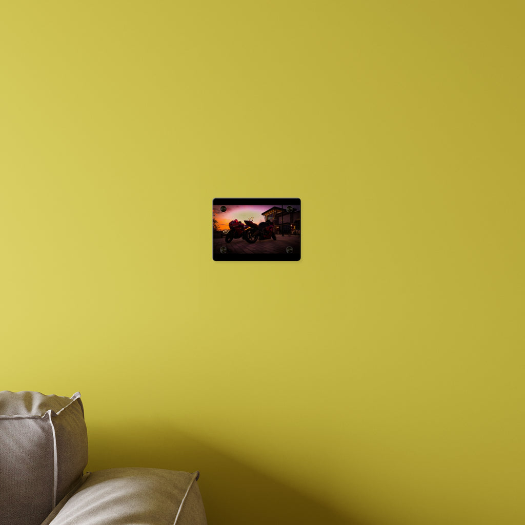 Motorcycle Sunset Acrylic Wall Art Panel — Twin Sportbikes at Dusk