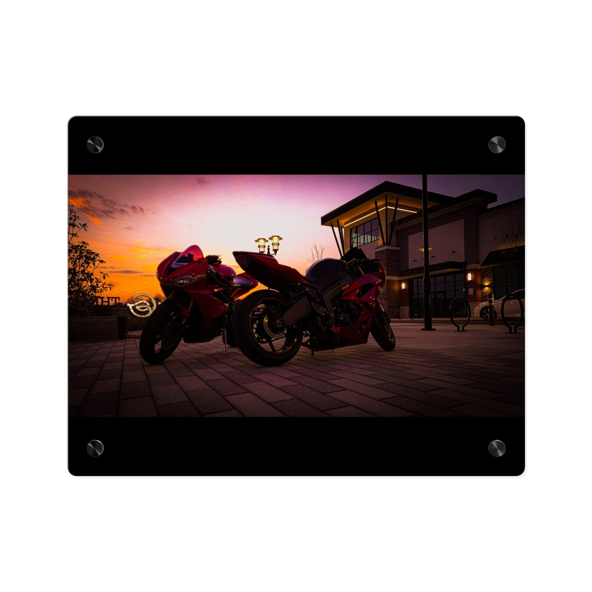 Motorcycle Sunset Acrylic Wall Art Panel — Twin Sportbikes at Dusk