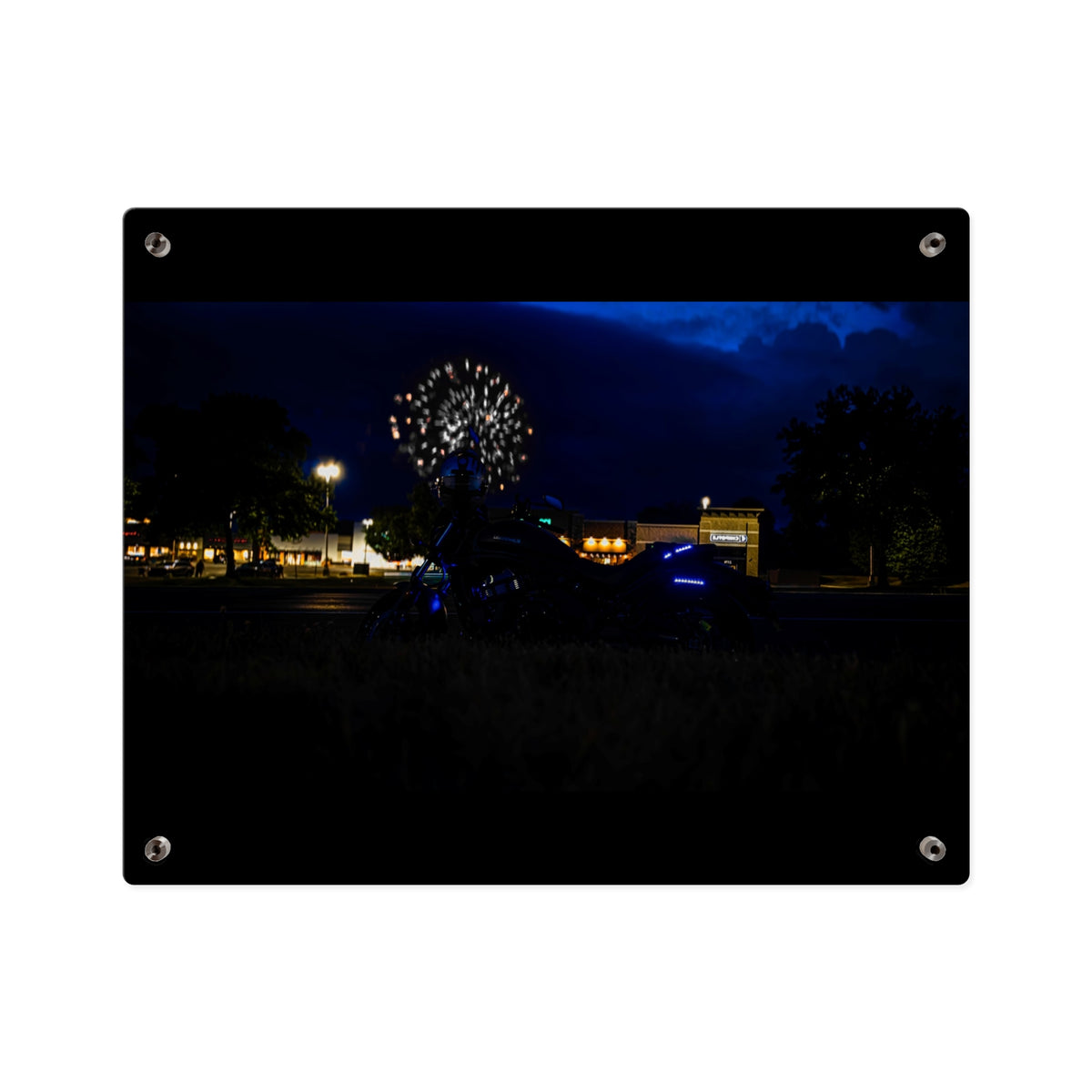 Acrylic Wall Art - Nighttime Bike with Fireworks Photograph