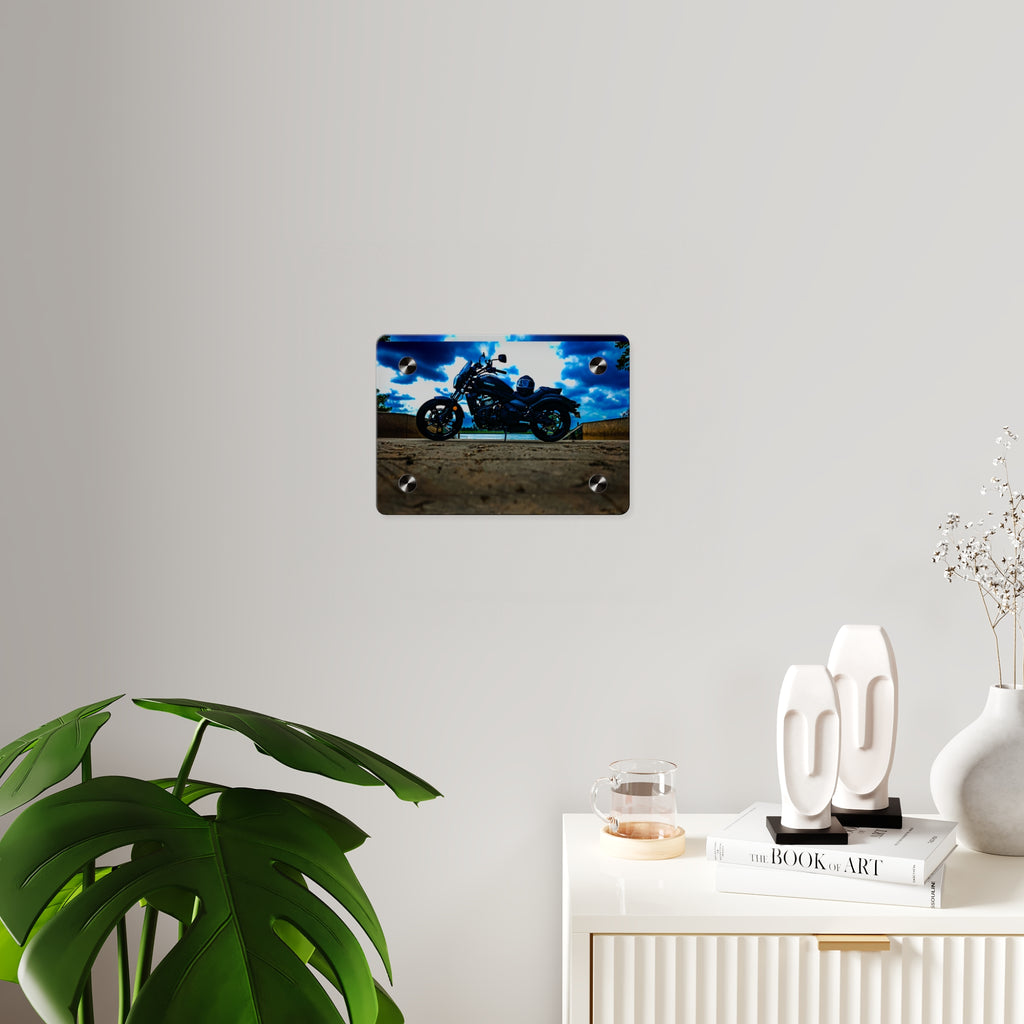 Motorcycle Acrylic Wall Art Panel – Black Cruiser Silhouette with Dramatic Sky