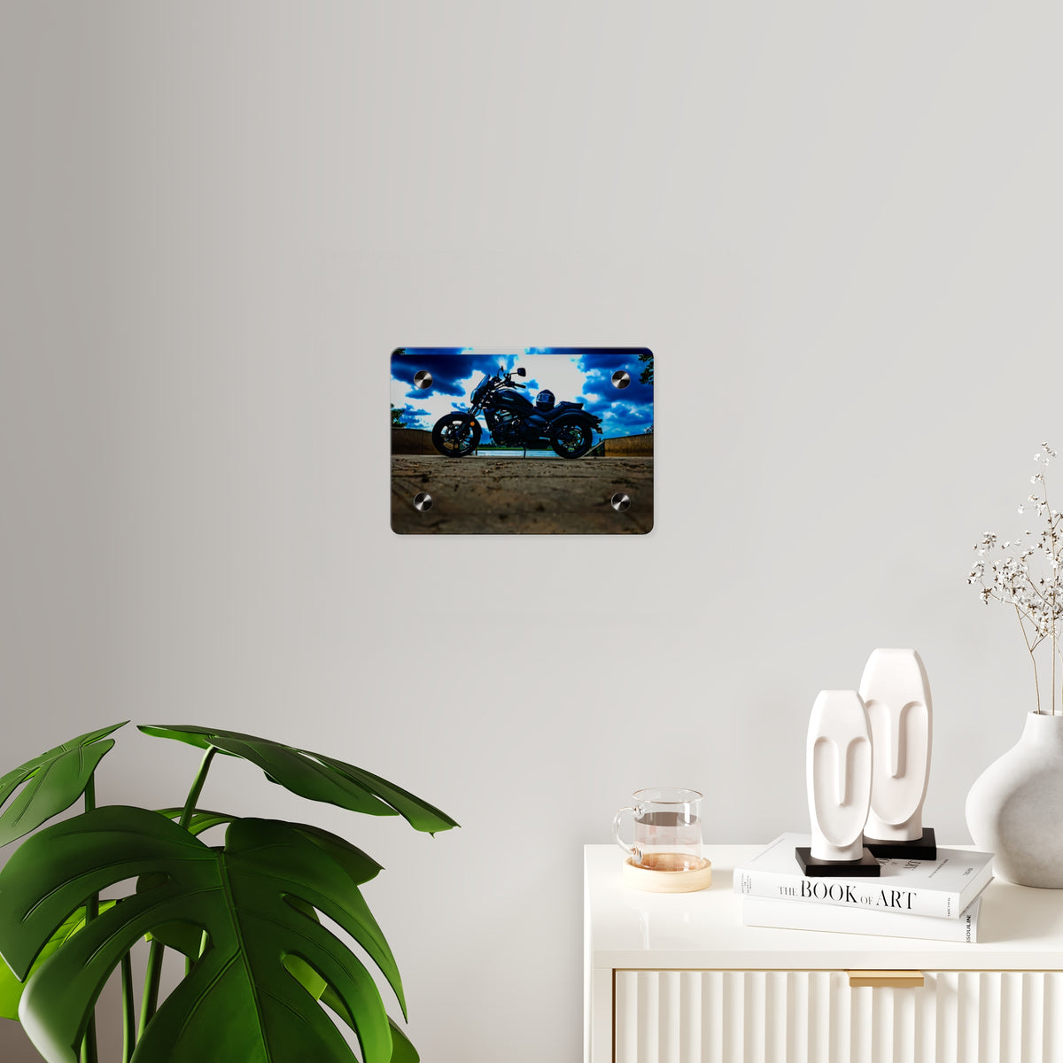 Motorcycle Acrylic Wall Art Panel – Black Cruiser Silhouette with Dramatic Sky
