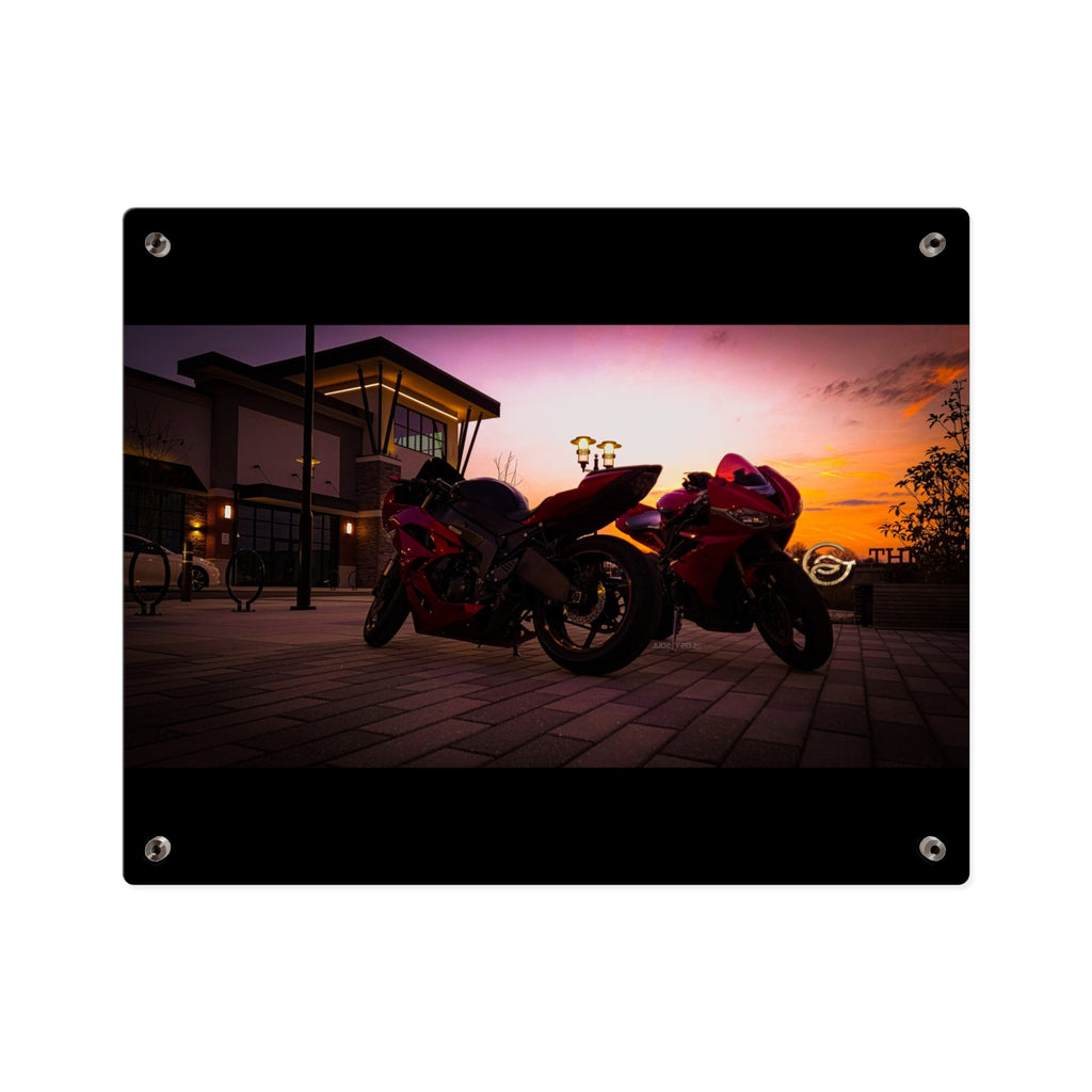 Motorcycle Sunset Acrylic Wall Art Panel — Twin Sportbikes at Dusk