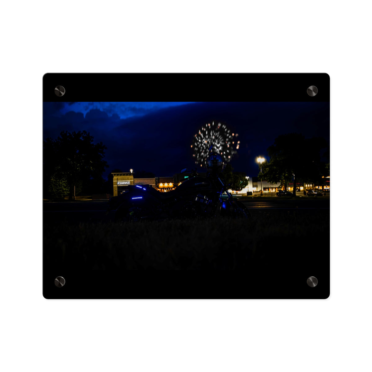 Acrylic Wall Art - Nighttime Bike with Fireworks Photograph