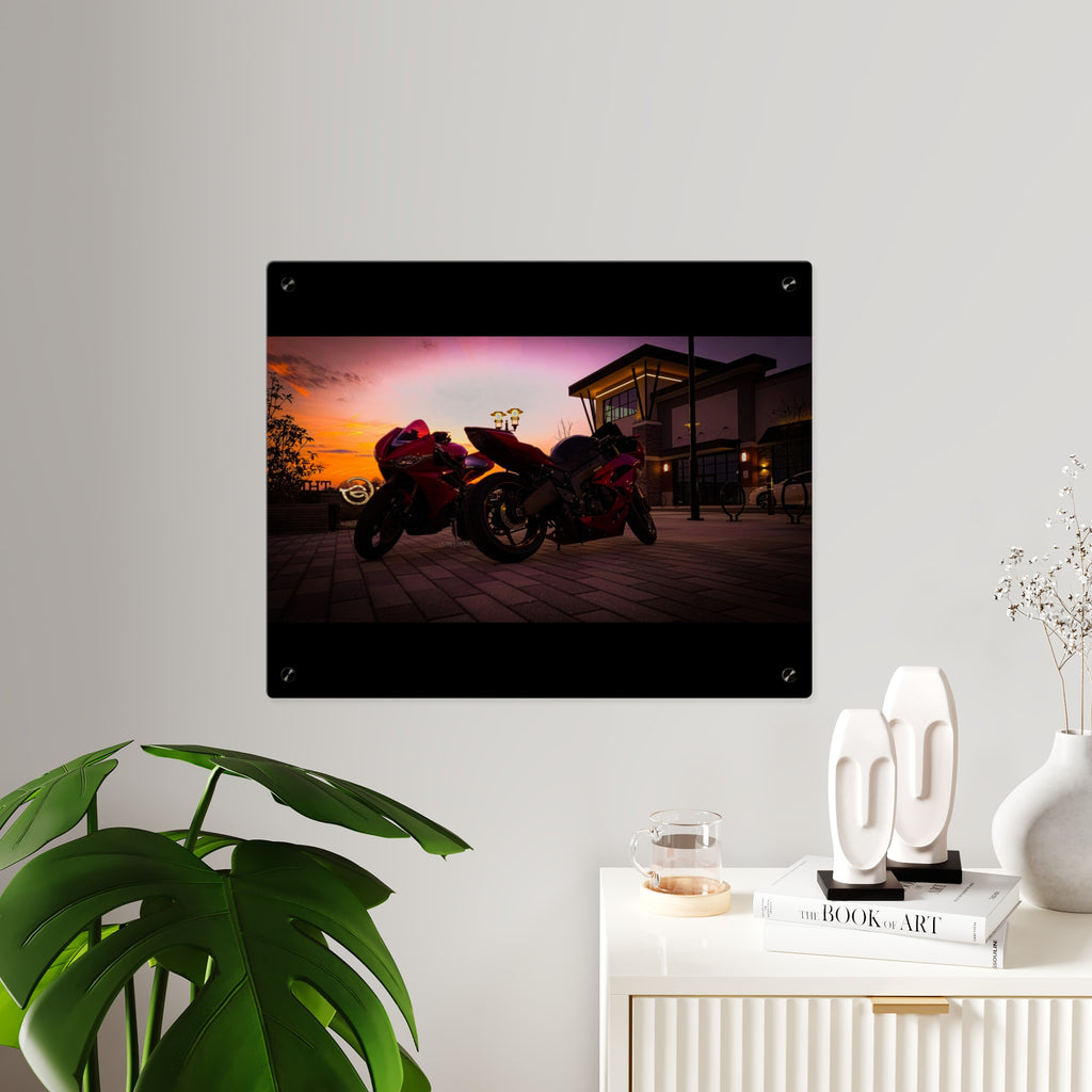 Motorcycle Sunset Acrylic Wall Art Panel — Twin Sportbikes at Dusk